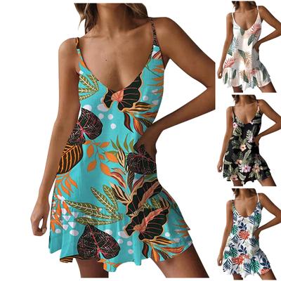 Women's Fashion Casual Print V Neck Strappy Beach Dress (Adjustable Straps)