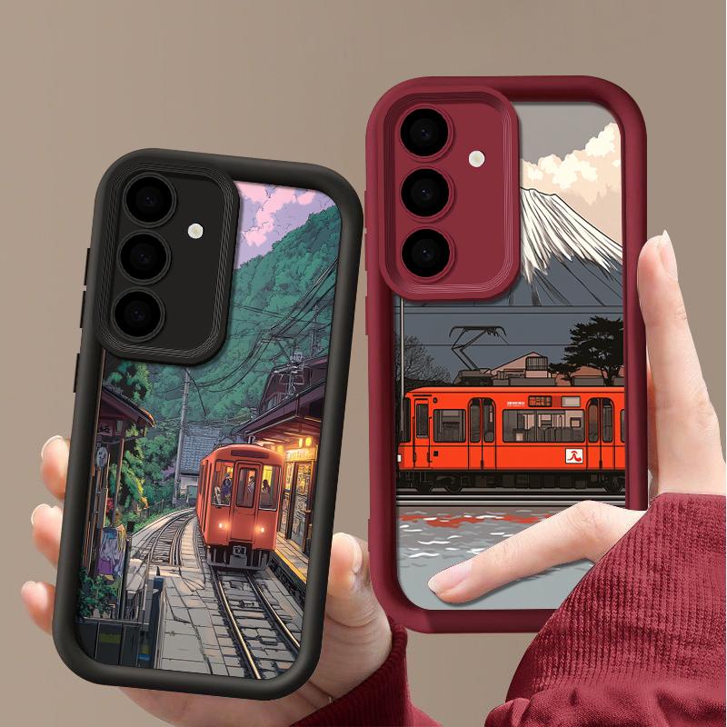 Husă mată cu model de tren de munte înzăpezit pentru Smausng S24 FE S23 Ultra S22 S21 A16 A15 A55 A35 A54 A34 Protecție lentile Husă moale TPU rezistentă la șocuri