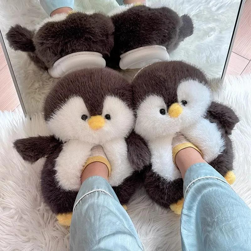 Fashion Lovely cartoon penguin slippers woman home keep warm shoes winter womens animal fur slides fluffy indoor slipper lady room scuff