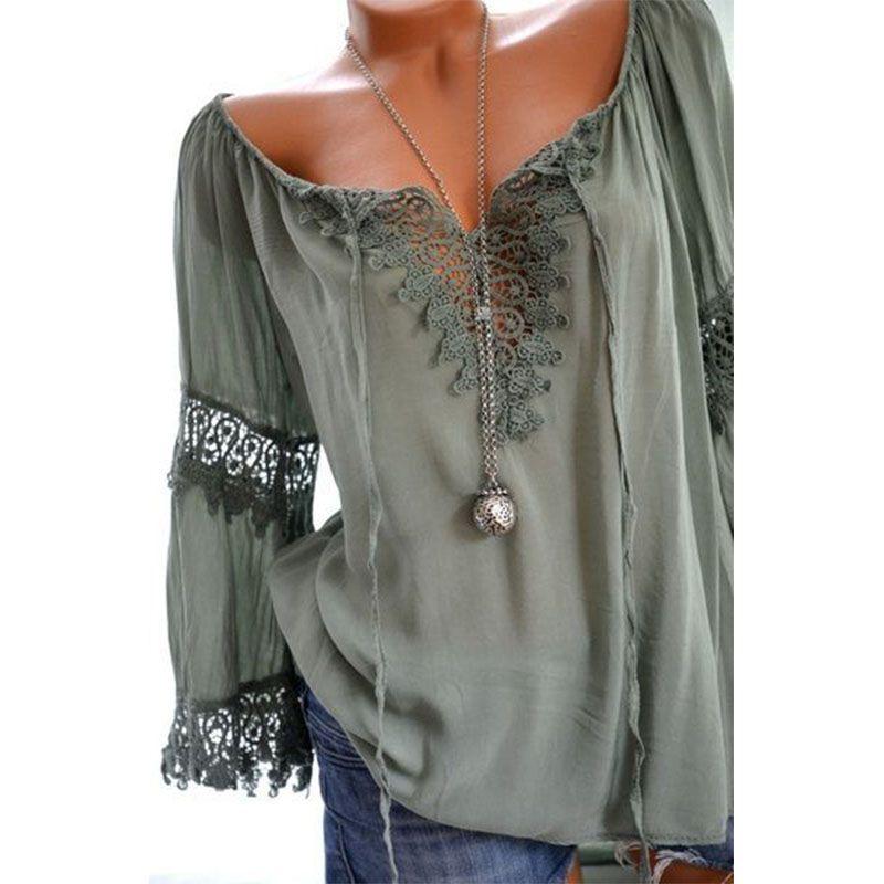Sexy Women V Neck Long Sleeve Lace Up Shirt Casual Blouse Top Lady Loose T Shirt