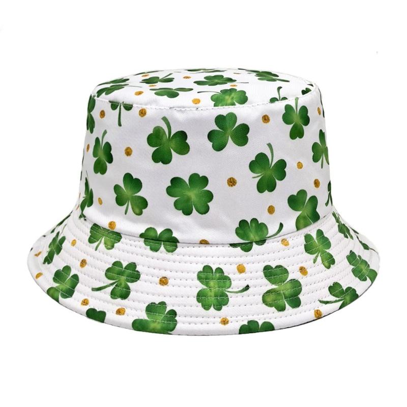 StPatricks Day Shamrock Fisherman Hat Digital Print Breathable Polyester Fabric Sun Protective Foldable Design Headwear