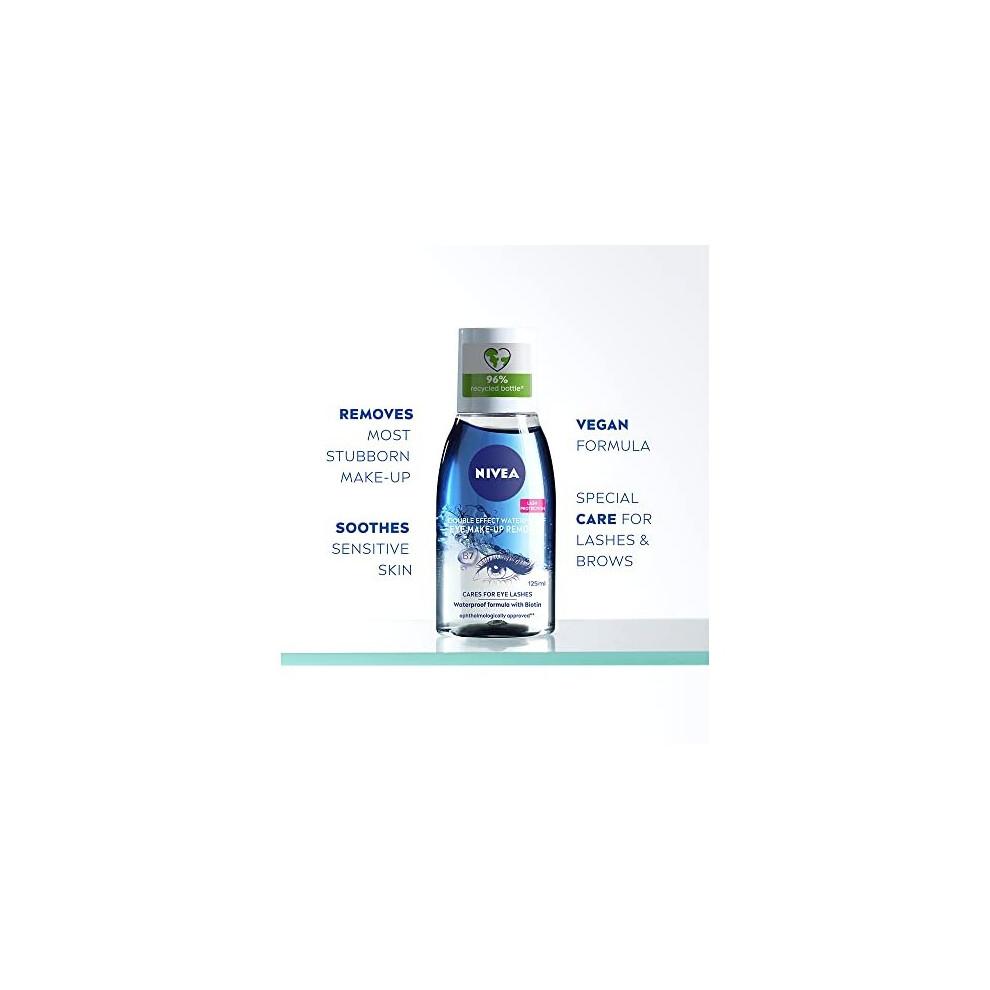 NIVEA Double Effect Waterproof Eye Make-Up Remover (125ml), Daily Use Face Cleanser for Make-Up and Mascara with Cornflower Extract and Biotin
