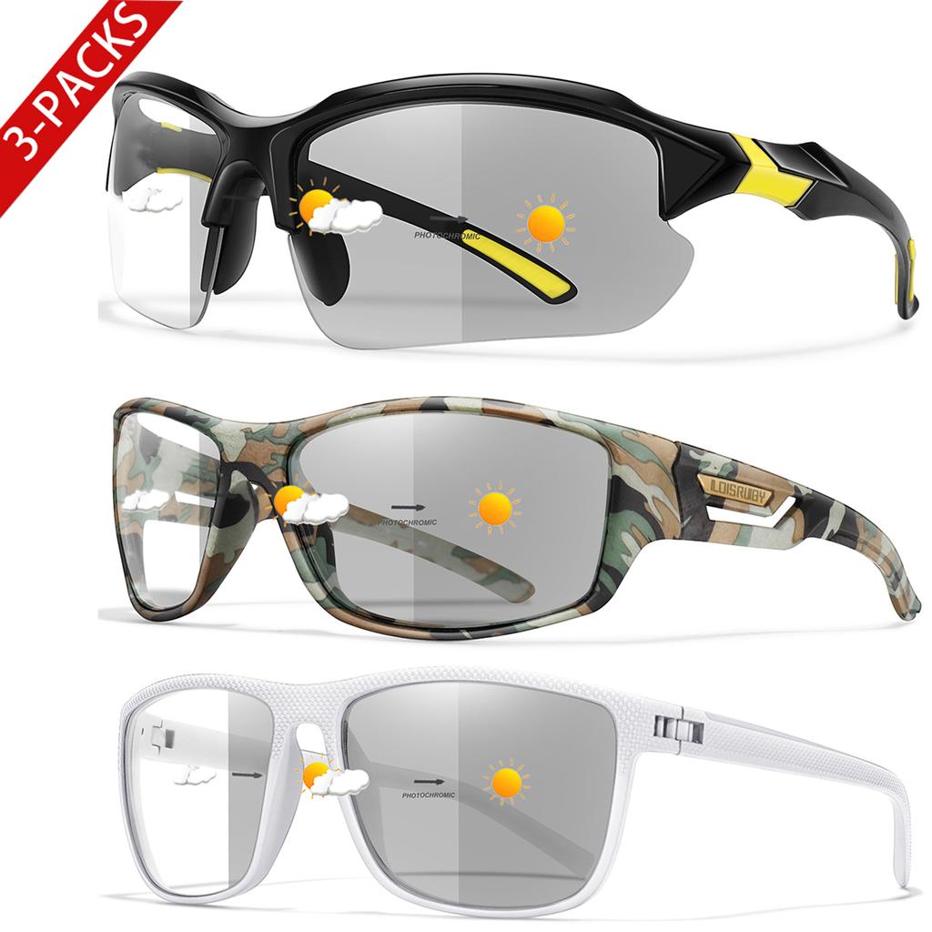 3 Pairs Photochromic Cycling Sunglasses for Men and Women Outdoor Sports Goggles Windproof Driving Camping Mtb Bicycle Eyewear