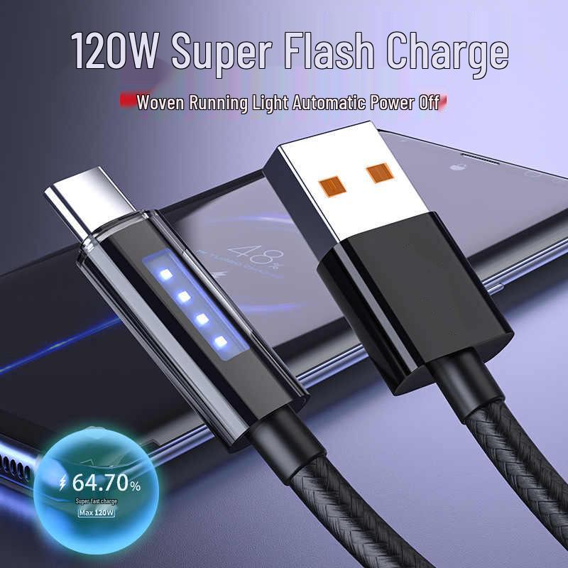 120W Type-C Fast Charging Cable with Auto Power Off for Apple, Huawei, Vivo, Oppo, and Xiaomi Devices, 6A Compatible.