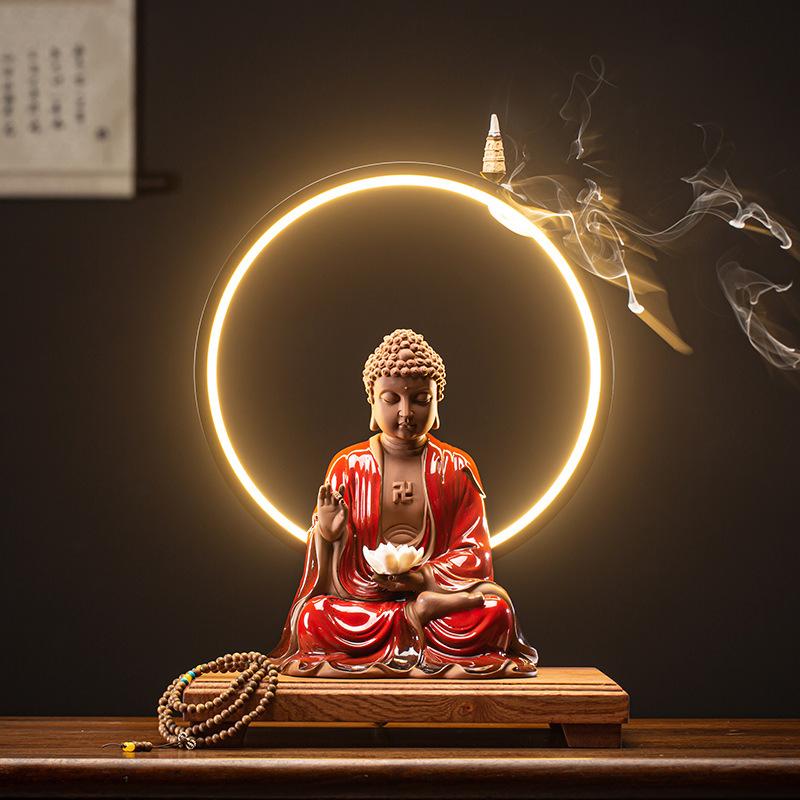 Home Decor Buddha Statue of The Great Sun Buddha Shakyamuni LED Light Circle Decorations Ornaments Backflow Incense Burner