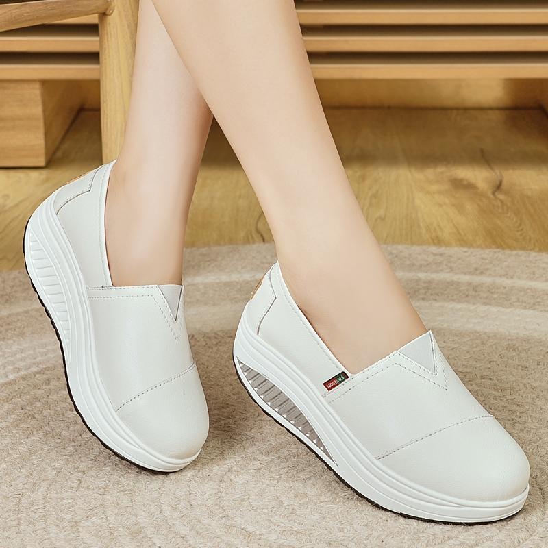 Women Platform Loafers Students Casual Black Leather Elevator Shoes Thick Sole Height Increase White Sneakers