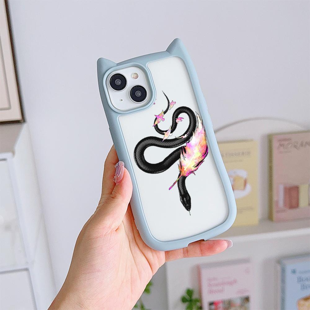 Soft Cat Ear Phone Cases for iPhone 16 15 13 12 11 Pro Max 14 Plus XR TPU Anti-Drop Transparent Acrylic Back Cover N77 Butterfly Black Gold Snake