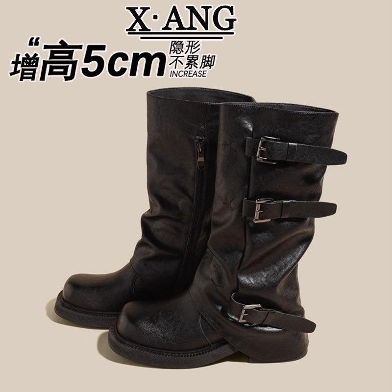Leather Coarse Heel Knight Boots Women's Belt Buckle Pleated Pile Boots Autumn New Western Cowboy Boots Medium Boots