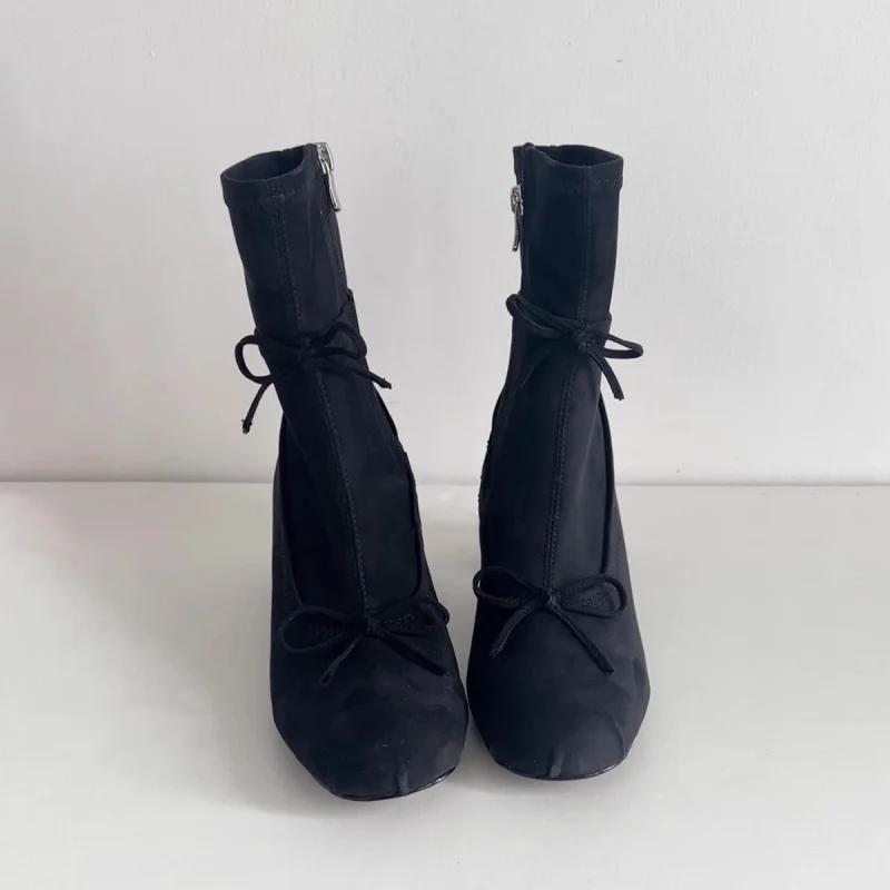 Bow High Heels Ankle Boots Women's Designer Chunky Suede Shoes 2026 Winter Fashion Boots New Pumps Chelsea Gothic Mujer Botas