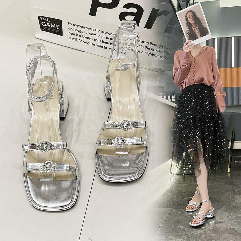 Silver fashion open-toed temperament high heels 2025 summer and autumn new thick heel French fairy style word with sandals woman