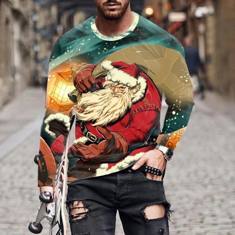 Herren T-Shirts Weihnachten Herren Neu Rundhals Langarm Street Fashion 3D Gedrucktes Herren T-Shirt