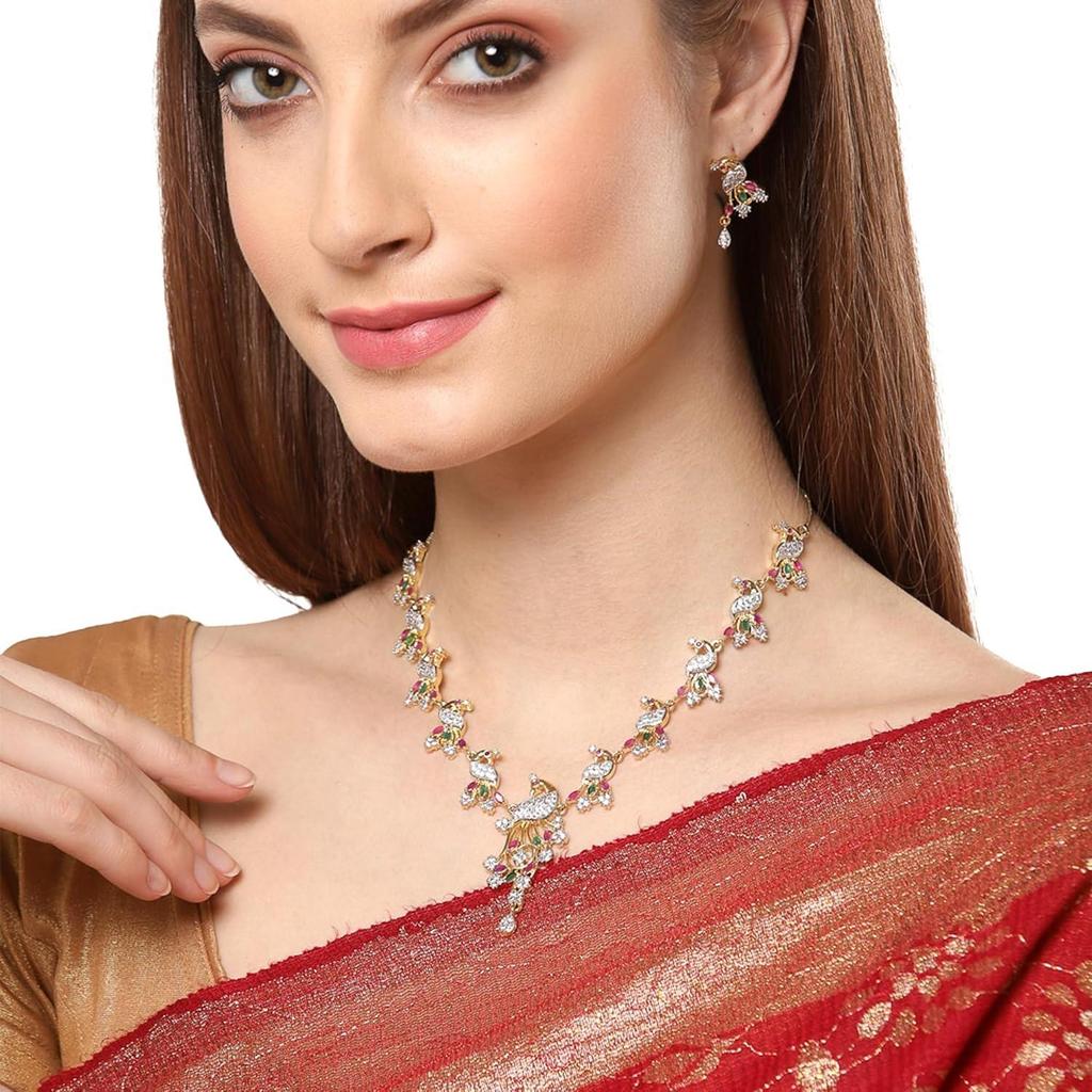 Jewellery Set American Diamond Stylish Peacock Style Gold Plated Necklace Set Jewellery With Earring For Women & Girls