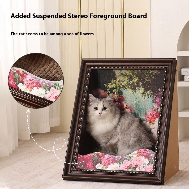 Iris Oil Painting Cat Bed with Replaceable 3D Frame Cat Scratching Board Creative Pet House Scratcher for Cats