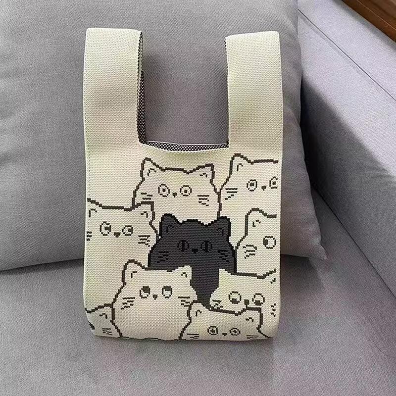 Przenośna Mini Pasiasta Torba Tote Ręcznie Robiona Dzianinowa Torba Damska Węzeł na Nadgarstek Torba Wiaderko na Telefon Duża Pojemność Jesień Zima Torebki