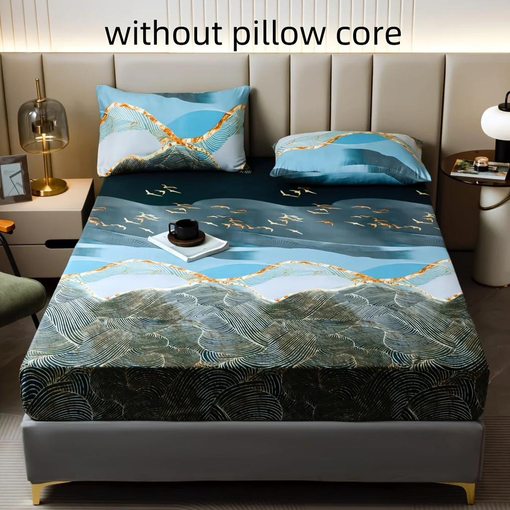 3pcs Fitted Sheet Set (Fitted Sheet*1+Pillowcase*2, No Core), Luxury Marble Flying Birds Printed Seasons Universal Bedding Set