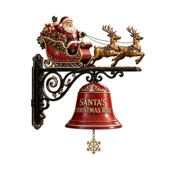 Festive Courtyard Balcony Accents Christmas Bell Wall Hanging Decoration, Santa Sleigh Reindeer Ornament, Large Decorative Indoor Mounted Ornaments