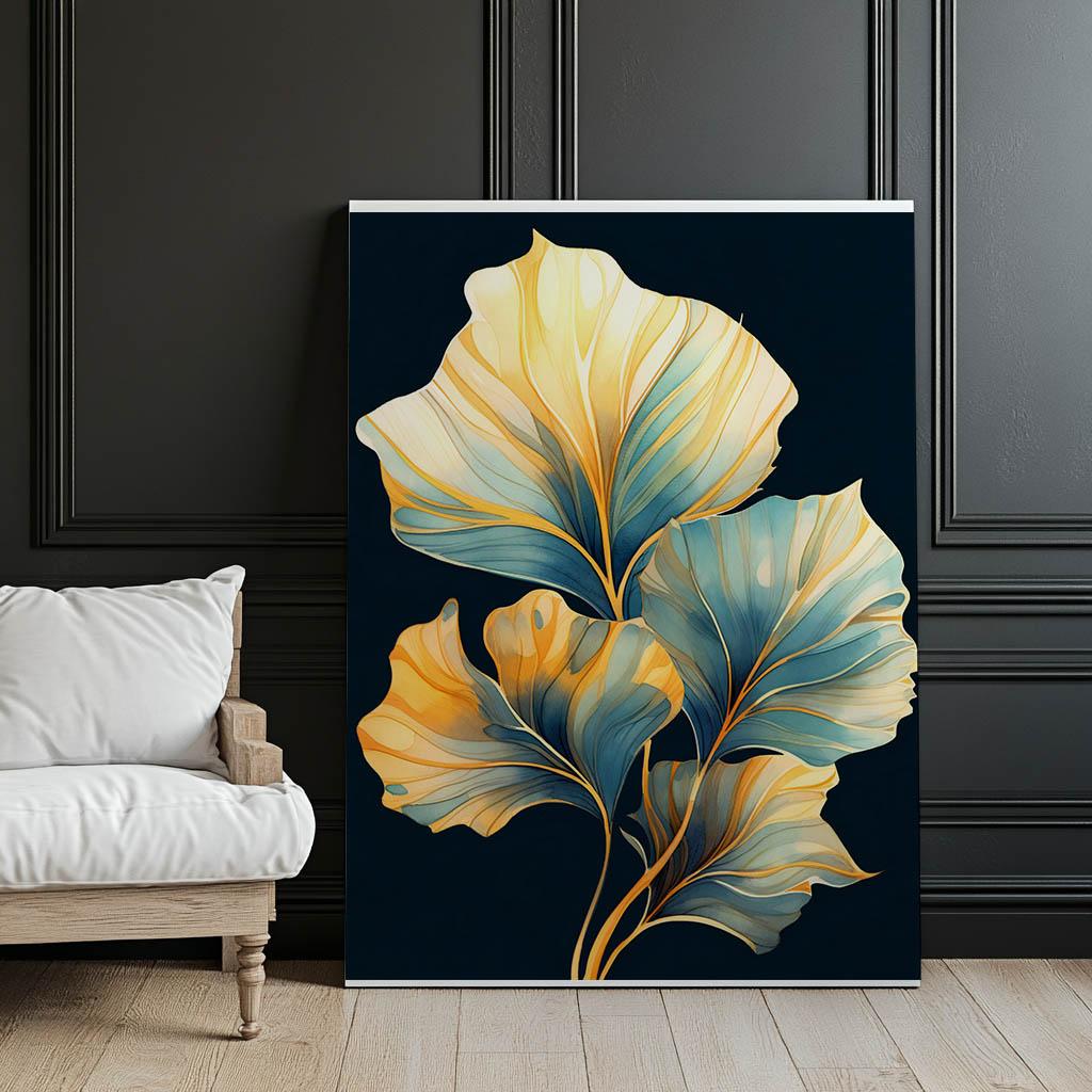 Liście W Akwareli - Ciemny Akwamaryn I Bursztyn Liście W Akwareli - Ciemny Akwamaryn I Bursztyn, 30X40 Cm, Rama Aluminiowa Czarna, Papier Matowy 230 G