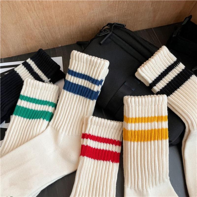 Striped Two-bar Socks, Women's Mid-calf Socks, Autumn and Winter Trend, Solid Color, College Style, Pile Socks, Sports and Casual Women's Socks