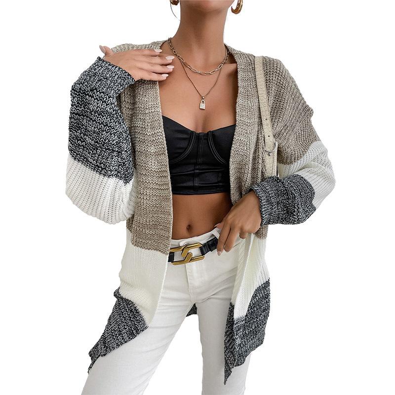 Casual Trend Versatile Autumn Cardigan In The Long Section of Lazy Wind Colorblocking Sweater Jacket Female