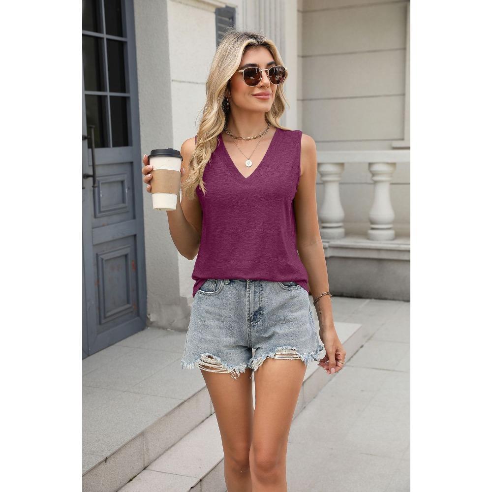 Sommer Neue Einfarbig V-ausschnitt Lose Ärmelloses Casual T-shirt Weste Top