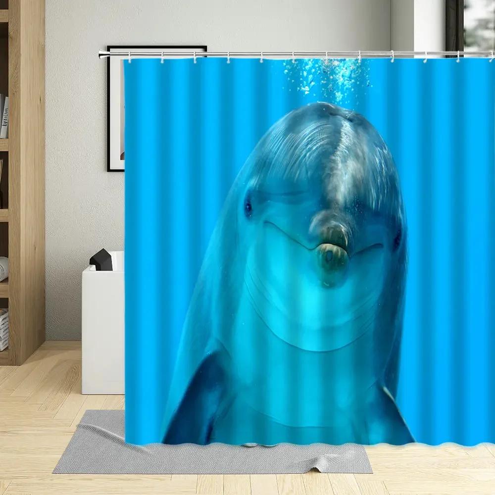 Ocean Sea Animal Dolphin Fish Waterproof Shower Curtain Creative Deep Sea Child Bathroom Decor Screen With Hooks Curtains Set