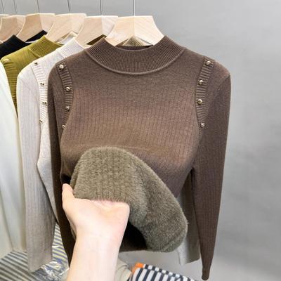 Fleece Semi-turtleneck Sweater Women's Integrated Fleece Thickened Bottoming Shirt Autumn and Winter New Knitted Sweater with Top Tide