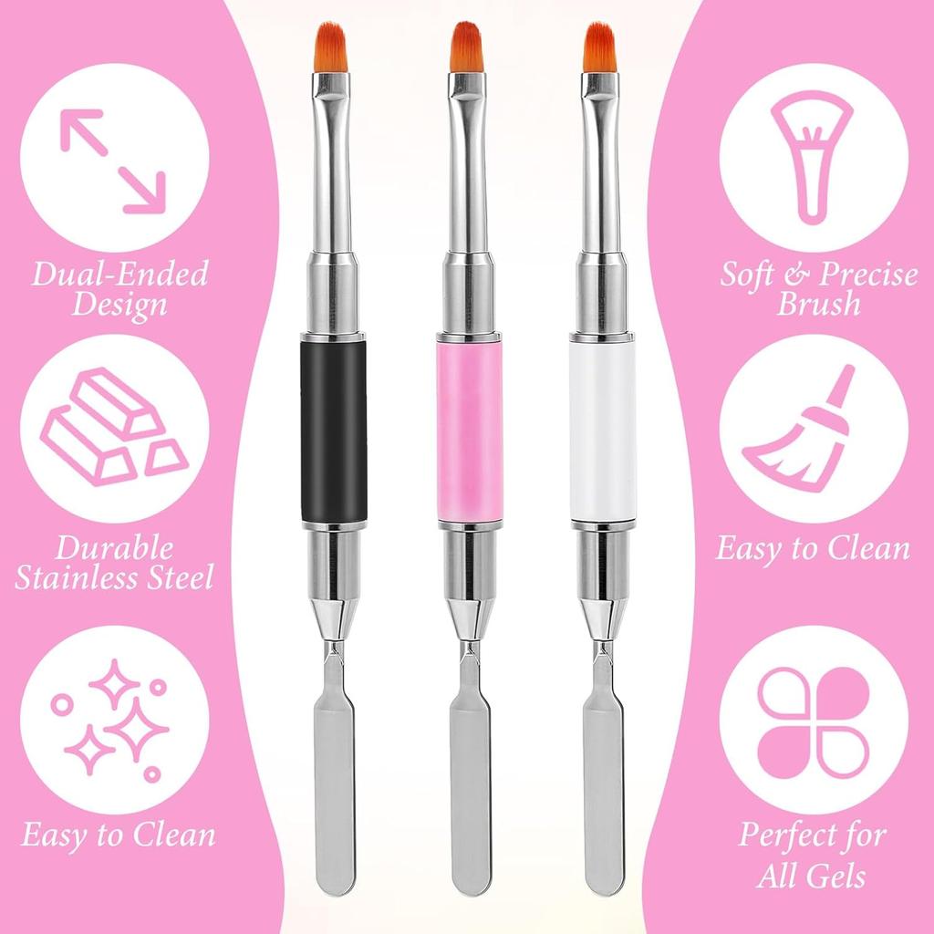 3PCS Nail Brushes for Builder Gel,Double-Ended Hard Gel Brushes for Nails, Gels Builder Brush, for Salons and DIY, Nail Extension, UV Gels, Nails