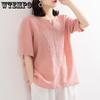 Women's Cotton and Linen Embroidered Shirt V-neck Solid Color Loose Fitting Pullover Short Sleeved Shirt Summer