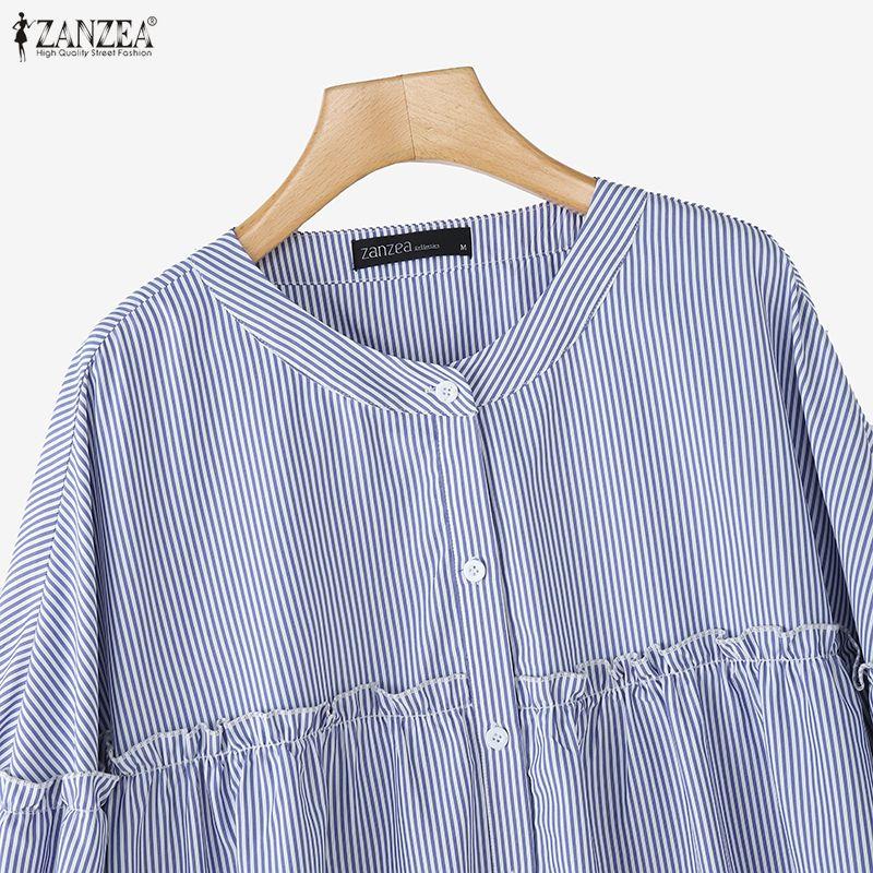 ZANZEA Women Casual Round Neck Loose Long Sleeve Stripe Blouse
