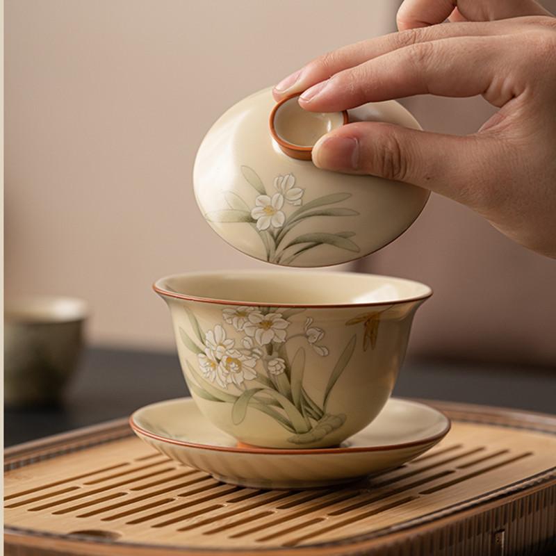 Čínská béžová Ru Kiln Čaj Tureen Šálek na čaj Ručně malované květiny narcisů Keramická čajová miska Gaiwan pro domácnost Cestovní konvice na čaj Čajovač