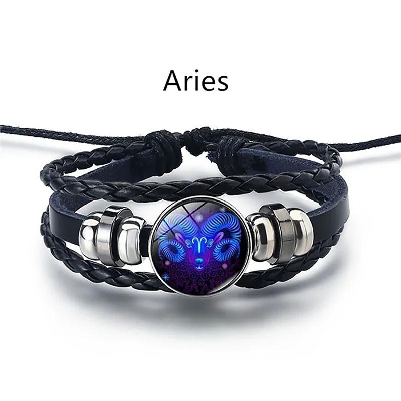 12 Constellation Luminous Bracelet Men Women Couple Multi-Layer Handmade Woven PU Rope Charm Bracelet Wristband Jewelry Gifts