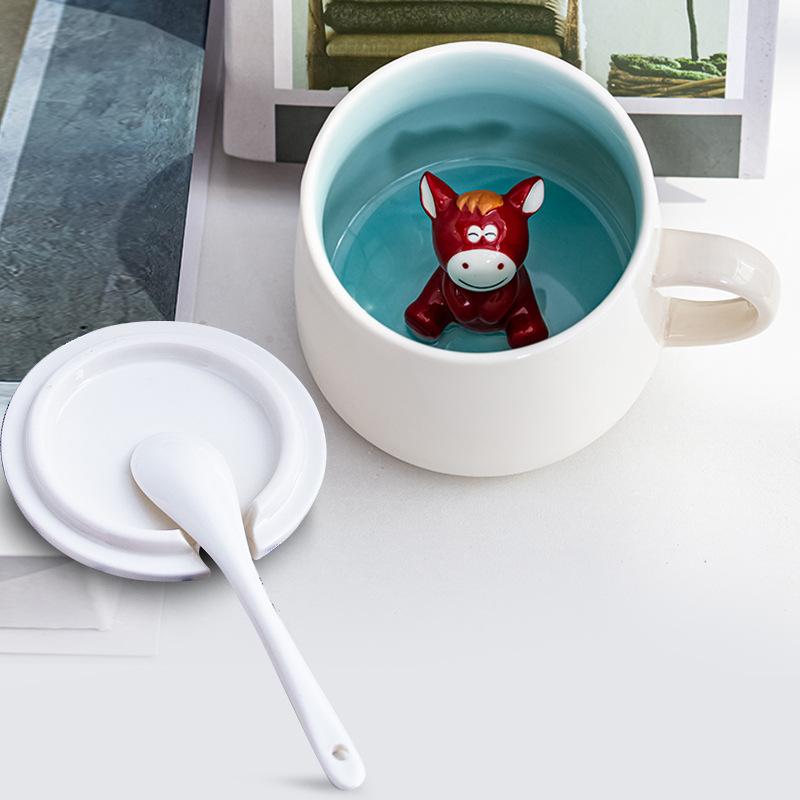 3D Animal Inside Mug, Funny Ceramic Cup, Coffee Mugs with Lid and Spoon, Milk Tea, Breakfast Cups