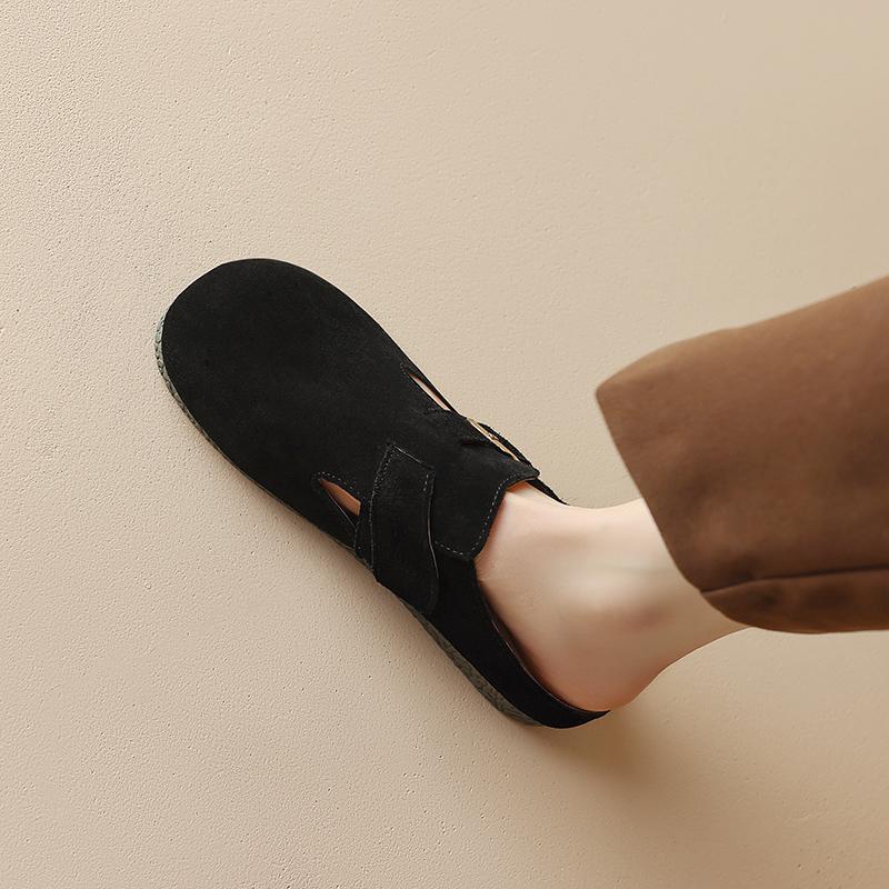 Fashion 2025 New Summer Women Mules Cow Suede Leather Women Shoes Round Toe Cover Toe Slip-on Women Sandals Retro Modern Slippers