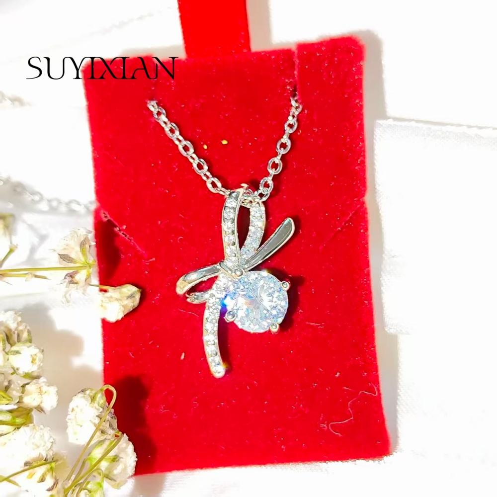 925 Sterling Silver Fashion Light Luxury Bow Zircon Pendant Necklace Birthday Party Anniversary Gift