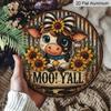2D Flat 1pc, 8x8 in, Aluminum Metal Sign Printed Artwork Featuring A Cute Little Cow and Sunflower, Perfect for Decorating Homes, Cafes, or Cottages