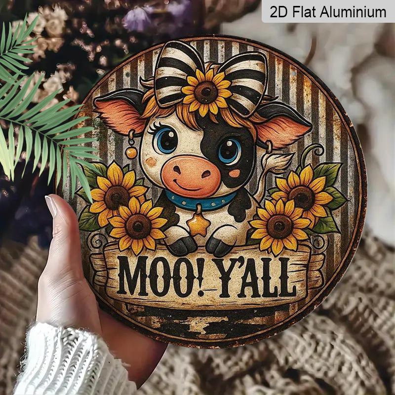 2D Flat 1pc, 8x8 in, Aluminum Metal Sign Printed Artwork Featuring A Cute Little Cow and Sunflower, Perfect for Decorating Homes, Cafes, or Cottages