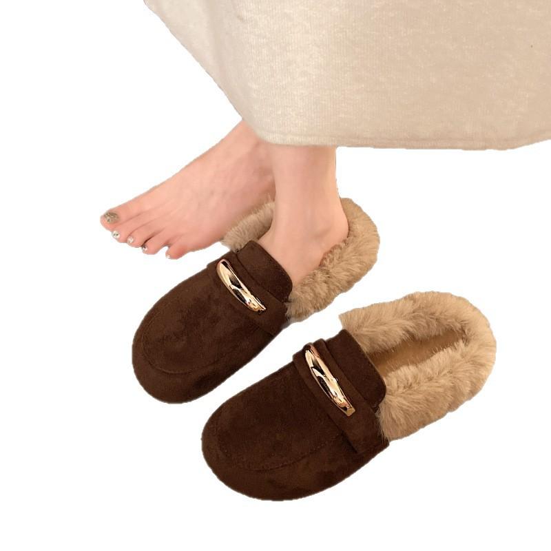 2025 Autumn and Winter New Retro Mori Plush Cotton Shoes Bag Head Half Drag Muller Shoes Fringed Warm Fluffy Shoes Women