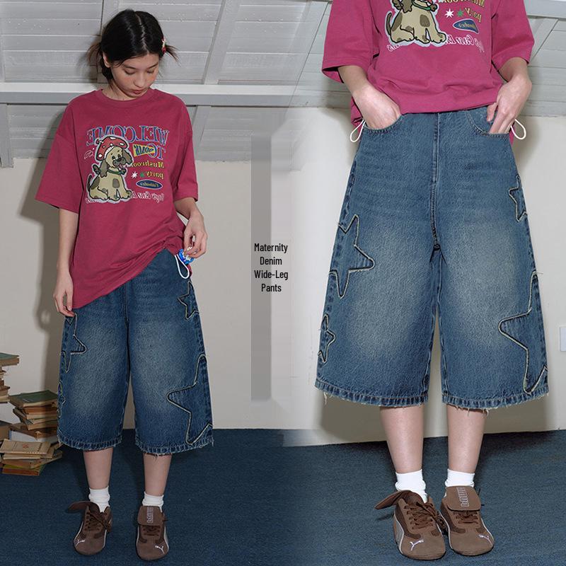 2026 Spring/Summer Retro Star Embroidered Loose Maternity Jeans Large