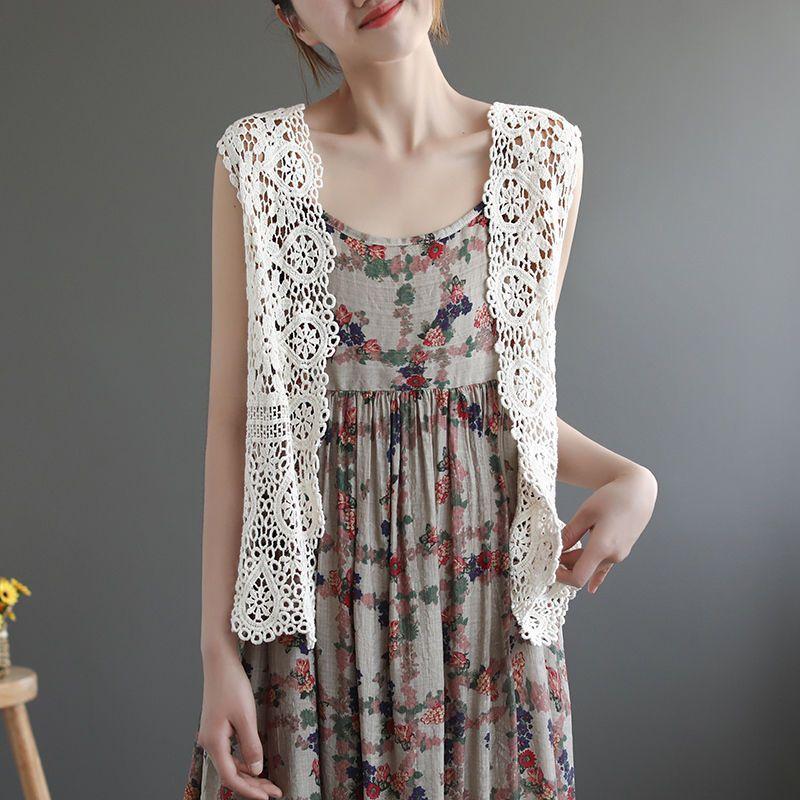 Summer Women Lace Vest Loose Cut-out Cardigan Vest Bohemian Style Cotton Woven Open Front Vest Thin Outwear