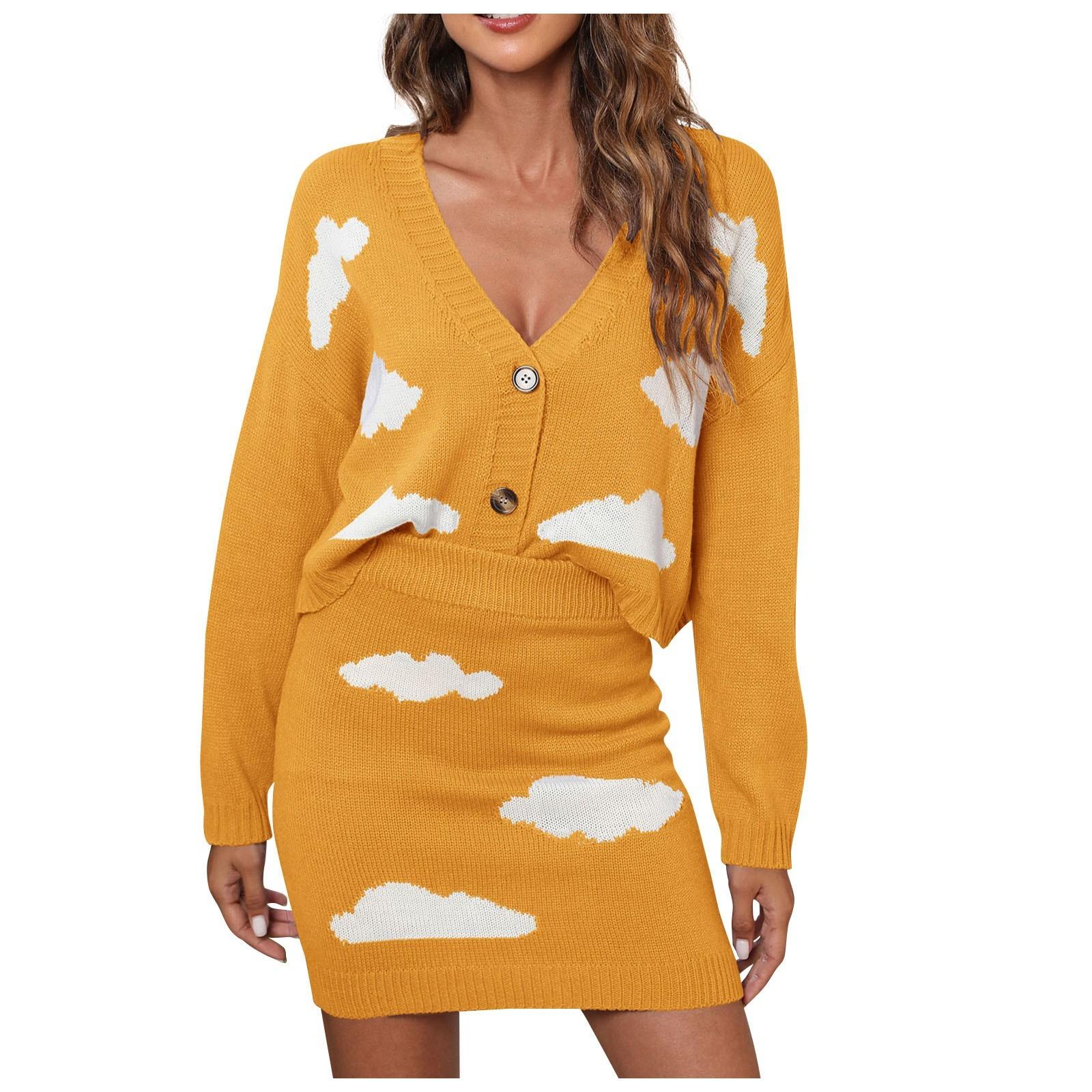 

Женский белый кардиган на пуговицах с облаками и ягодицами, свитер с длинными рукавами и короткая юбка, комплект XL жёлтый