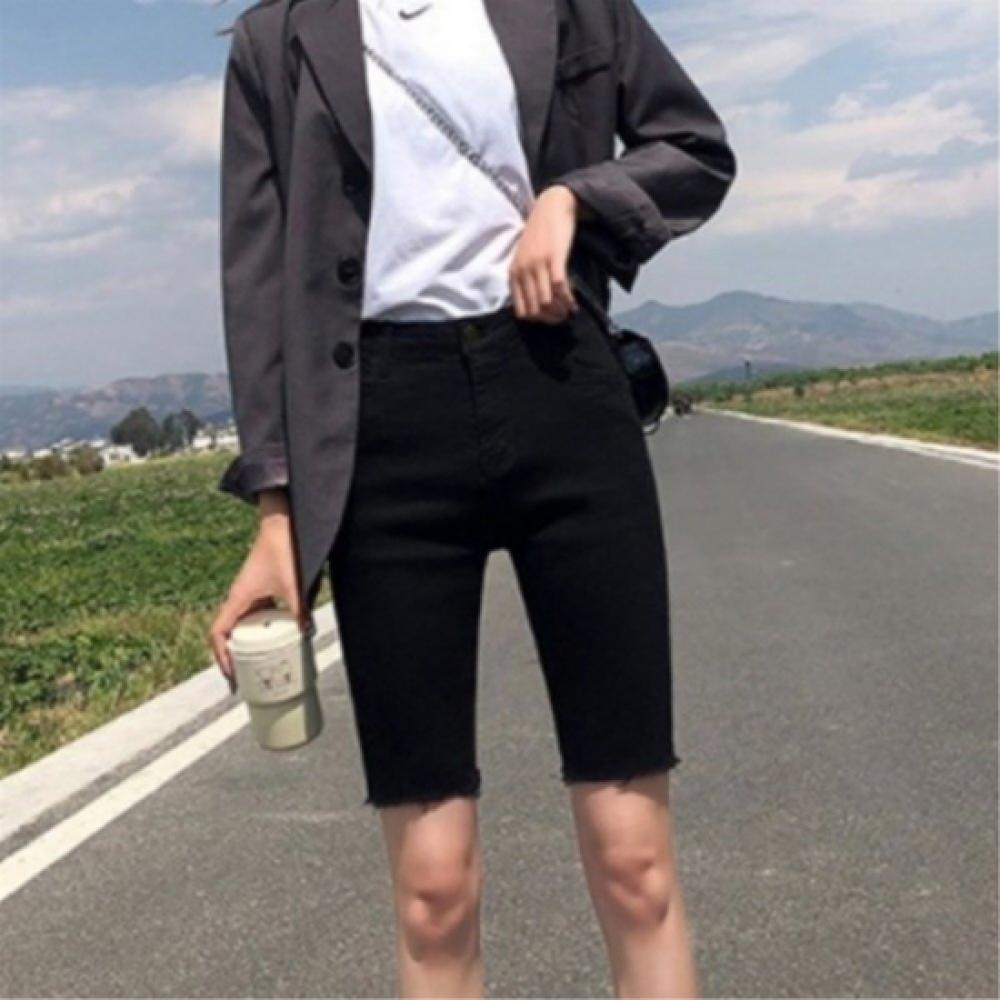 New Arrivals Open Run Women High Waist Black Span 5 Point Skinny Pants