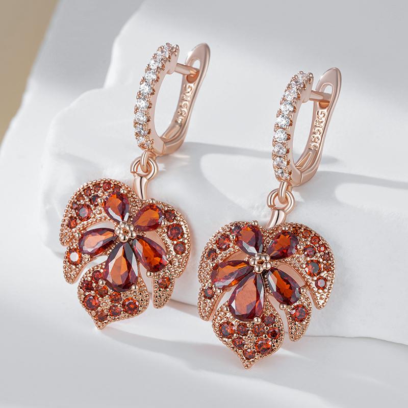 Original Design Shiny Red Natural Zircon Maple Leaf Earrings For Women Fashion  Rose Gold Color Daily Fine Jewelry