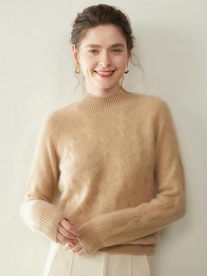 Women's Cashmere Sweater: Semi-High Neck Cable Knit Loose Pullover for Autumn/Winter
