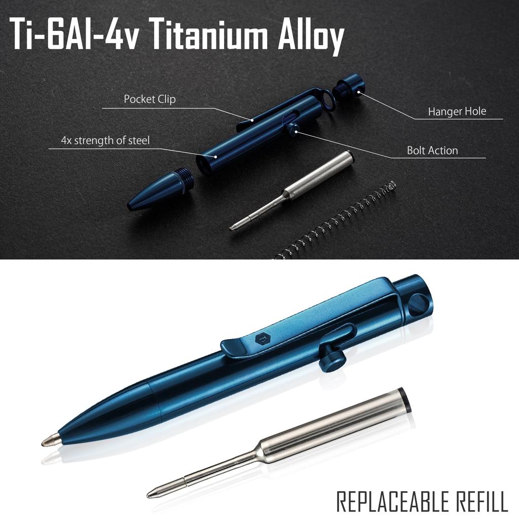 KeyUnity KP05BL Pix cu mecanism de acțiune tip bolt cu aliaj de titan, EDC de buzunar, metalic retractabil, pentru purtare zilnică, cu clip, pix,