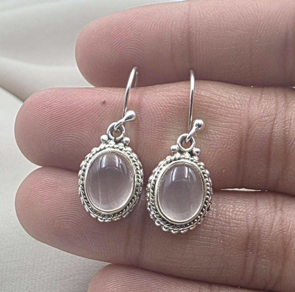 Rose Quartz Earrings 925 Sterling Silver Dangle Oval Gemstone Jewelry