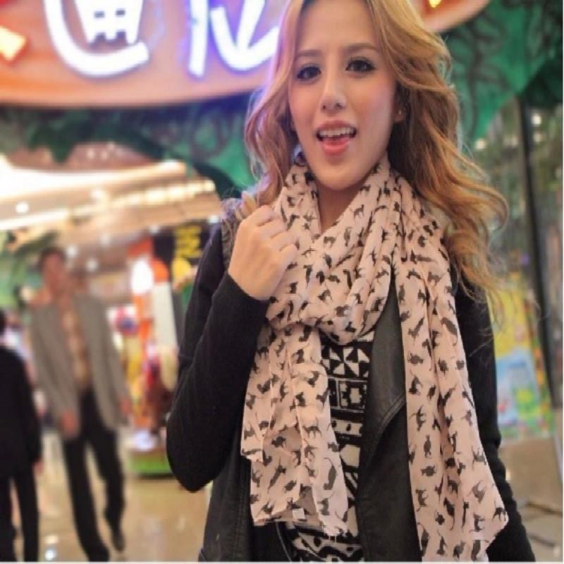 Colorful Chiffon Printed Sweet Fashion Cartoon Cat Kitten Scarf Graffiti Style Shawl Girls Christmas