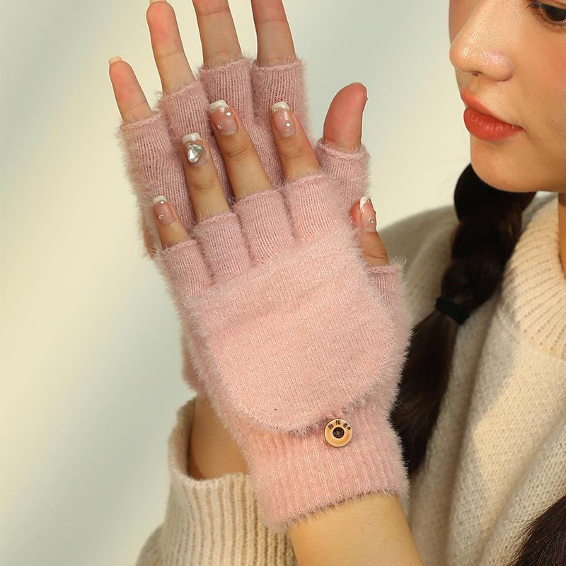 Koreanische Mode Einfarbige Halbfinger-Klapphandschuhe Warm für Damen im Winter Kältefest Verdickt Doppelzweck Wolle Gestrickt