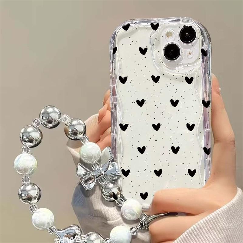 Black Dots Heart Cover For IPhone 17 Air 16 15 14 13 12 11 Pro Max 17 Pro 16e 15 Plus 13 Mini Case Love Bow Chain Silicone