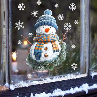 Christmas Cartoon Scarf Snowman Snowflake Pine Static Glass Window Sticker Home Decoration Wall Sticker
