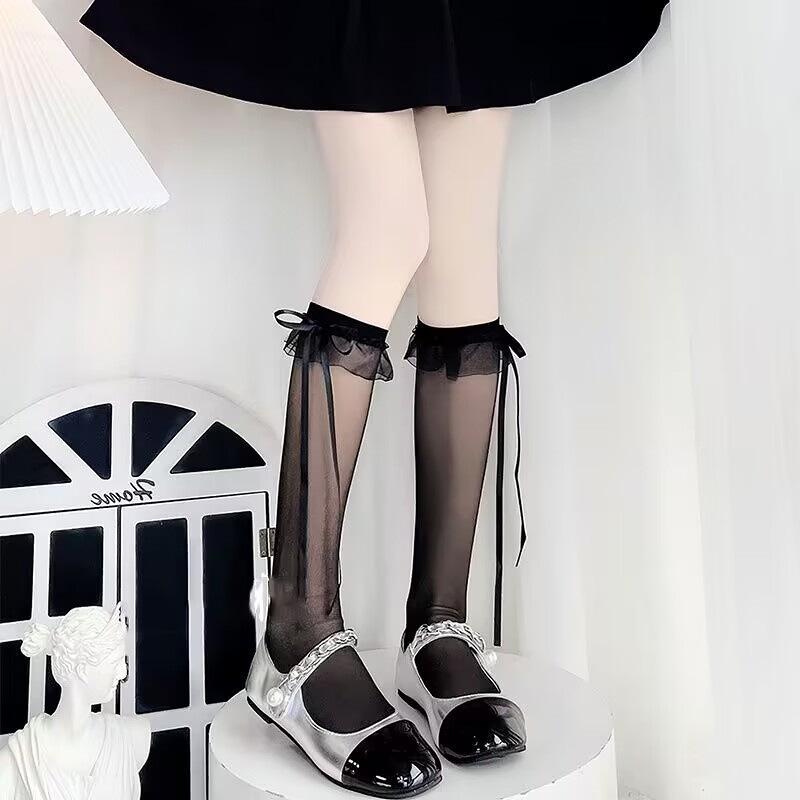 Lace Trim Ribbon Bow Lolita Mid-Calf Socks for Women